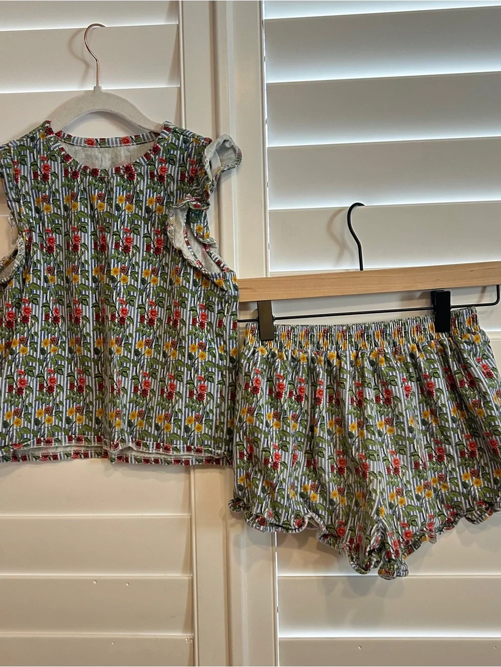 Hill House Floral Stripe Kids Pajama Set - Red & Yellow Flowers on Blue Stripe